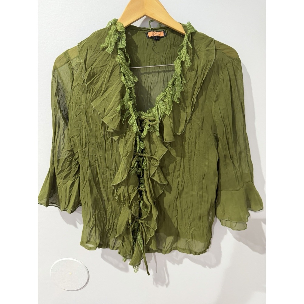 L'Pogee Womens Sz L Green Bell Ruffle Sleeve Fairy Boho Y2K Top Tie L